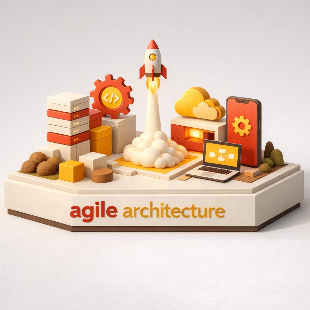 Agile architecture - illustration showing lots of tech and a rocket launching indicating positive progress