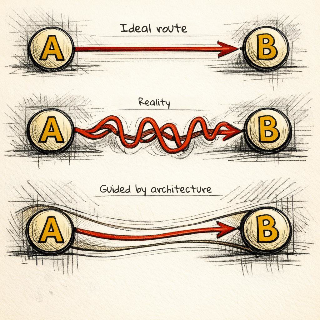 Image showing going from A to B, the first is the ideal route - straight. The second is very wiggly, reflecting the reality in most companies. The last one shows a smoothed out route, bounded by architecture strategies and guidance.